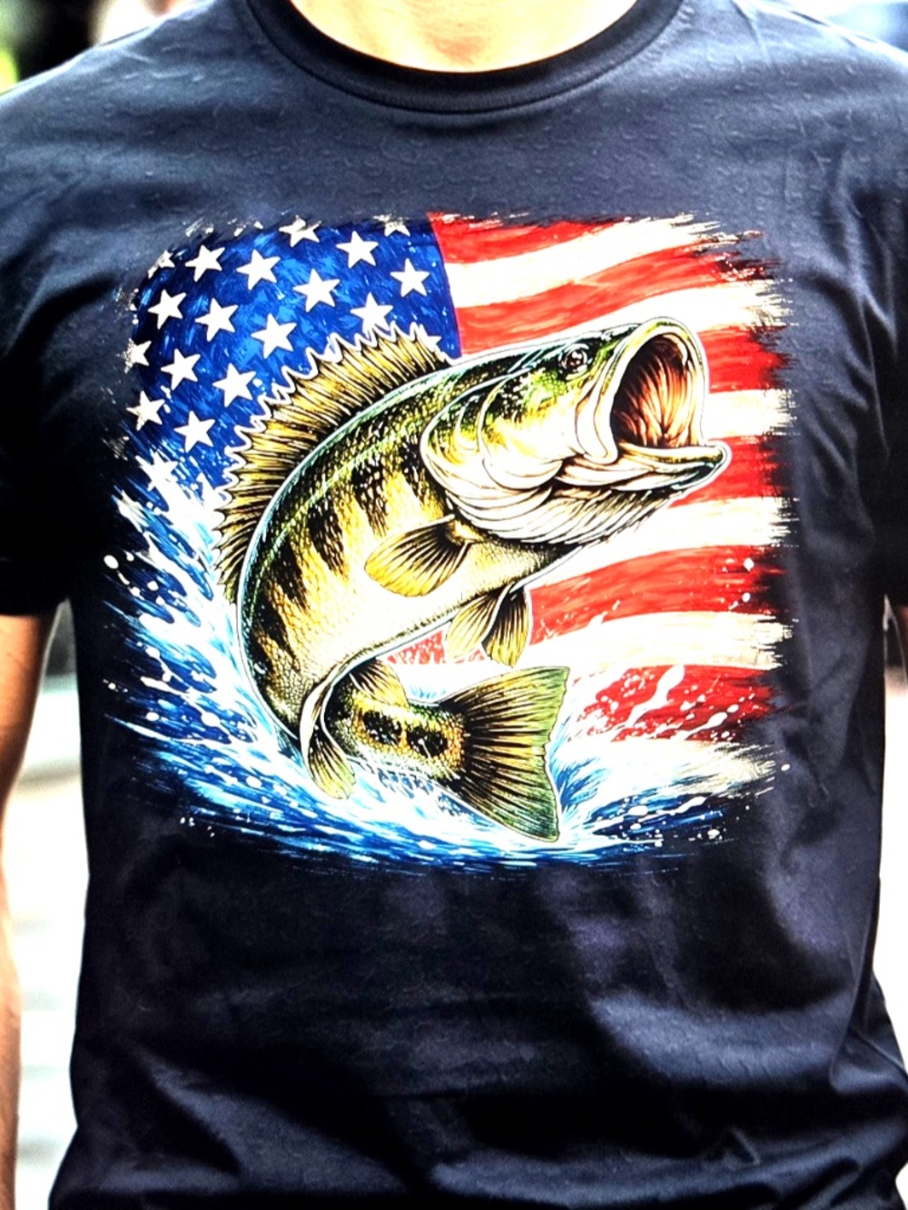 Fishing T-shirt Unisex Adults American Flag Black Short Sleeve Largemouth Bass